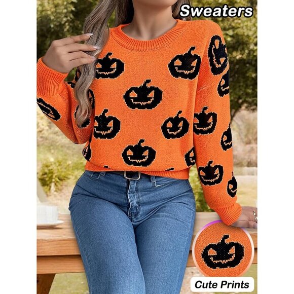 Strentiki Women Orange Pumpkin Halloween Long Sleeve Crew Neck Casual Sweaters - Picture 4 of 7